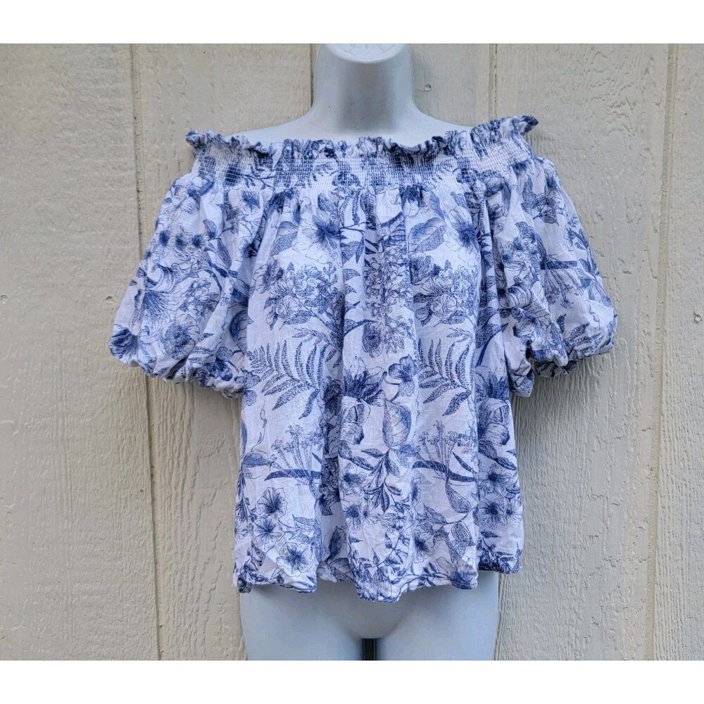 Wmns Floral Linen Blend Off The Shoulders Top Puff Sleeve Blue White Sz S Beachy